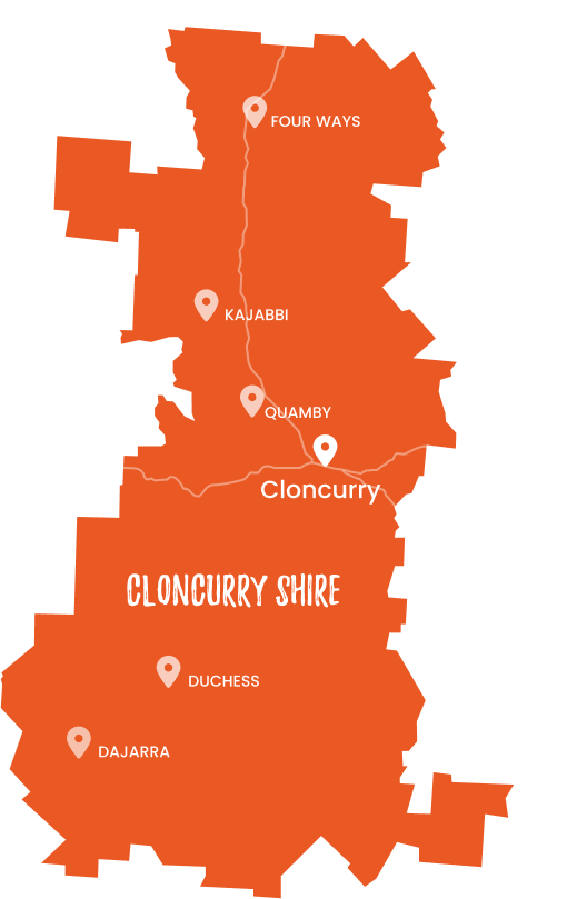 Map silhouette of Cloncurry Shire highlighting key towns